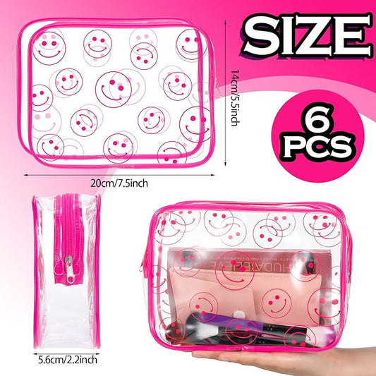 Cunno 6 Pcs Makeup Bags Gifts for Women Preppy Boho Smile Face Flamingo Clear Makeup Bags Cosmetic Transparent PVC Travel Toiletry Organizer for Birthday Party Favor(Smile Style)