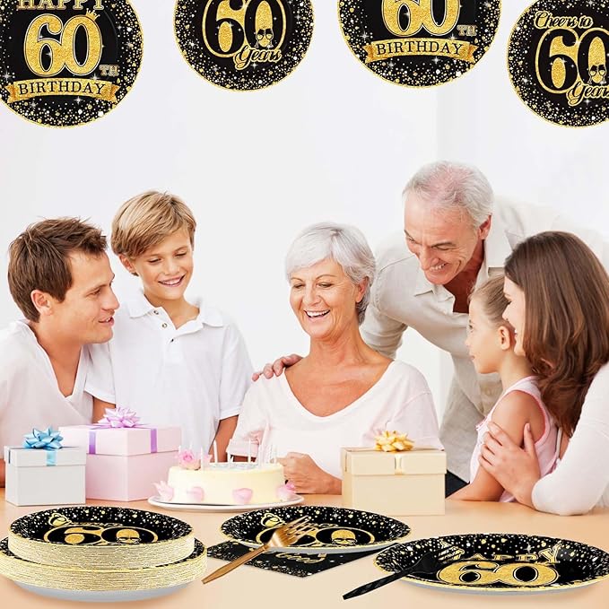 Grencian 96Pcs 60th Birthday Party Decorations Vintage 1965 Birthday Plates and Napkins Black and Gold Tabeware Sets Cheers to 60 Years Decorations for Mens Womens 60 Year Old Party Supplies Serves 24