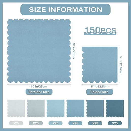 durony 150 Pack Scalloped Napkins 5 x 5 Inch Disposable Paper Napkins Gradient Color Napkins with Scalloped Edges for Dinner Wedding Birthday Party Supplies, Fog Blue