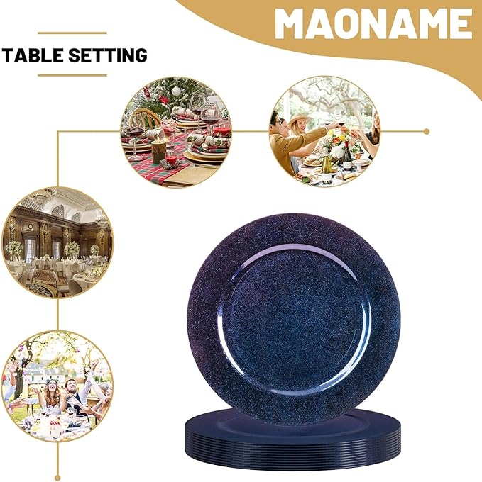MAONAME Laser Blue Charger Plates Set of 12, 13" Round Plate Charger for Dinner Plates, Glitter Plastic Plate Chargers, Table Chargers for Wedding Decor, Party