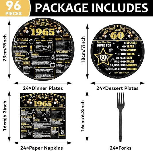 CHUNNIN 96Pcs 60th Birthday Plates and Napkins Back in 1965 Party Decorations Black Gold 60 Year Old Party Dessert Plates 1965 Tableware for 24 Guests 60th Theme Men Woman Birthday Supplies