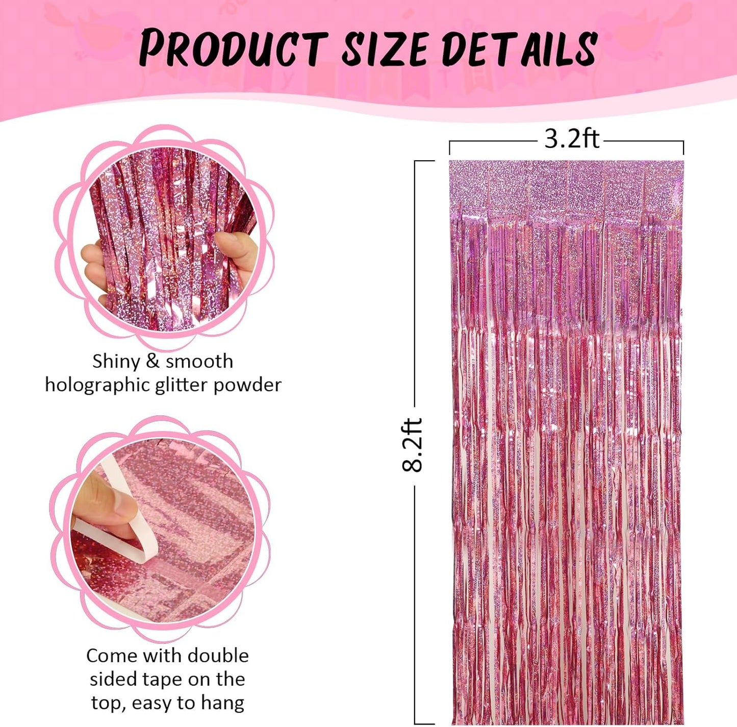 Accevo Pink Party Streamers 3Pack Glitter Foil Fringe Curtain 3.2ft x 8.2ft Pink Party Decor Photo Booth Streamers Metallic Tinsel Door Streamer for Valentines Day Decorations Christening Party Decor