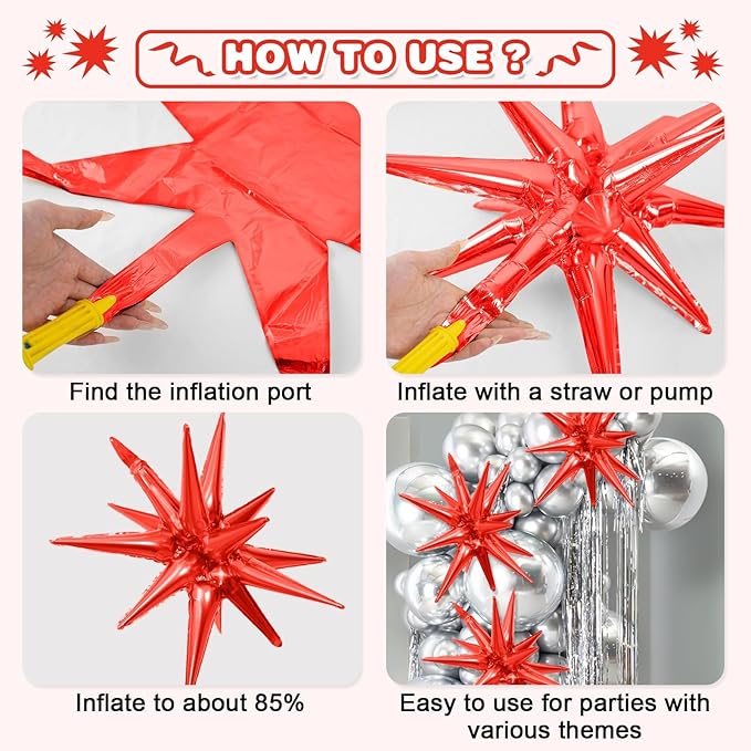 Hot Pink Red Star Balloons,9Pcs 22Inch Pink Red Explosion Spike Cone Helium Polyester Film Star Foil Balloons for Birthday Anniversary Baby Shower Valentine's Day Disco Party Decorations