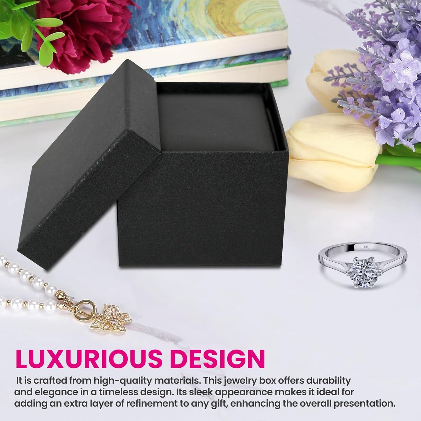 Novel Box Black Jewelry Box for Rings 2.37x2.37x1.87 Inches - Tab Ring Gift Box for Proposal Wedding Engagement - Faux Leatherette Jewelry Display Box - Gift Presentation Boxes for Rings