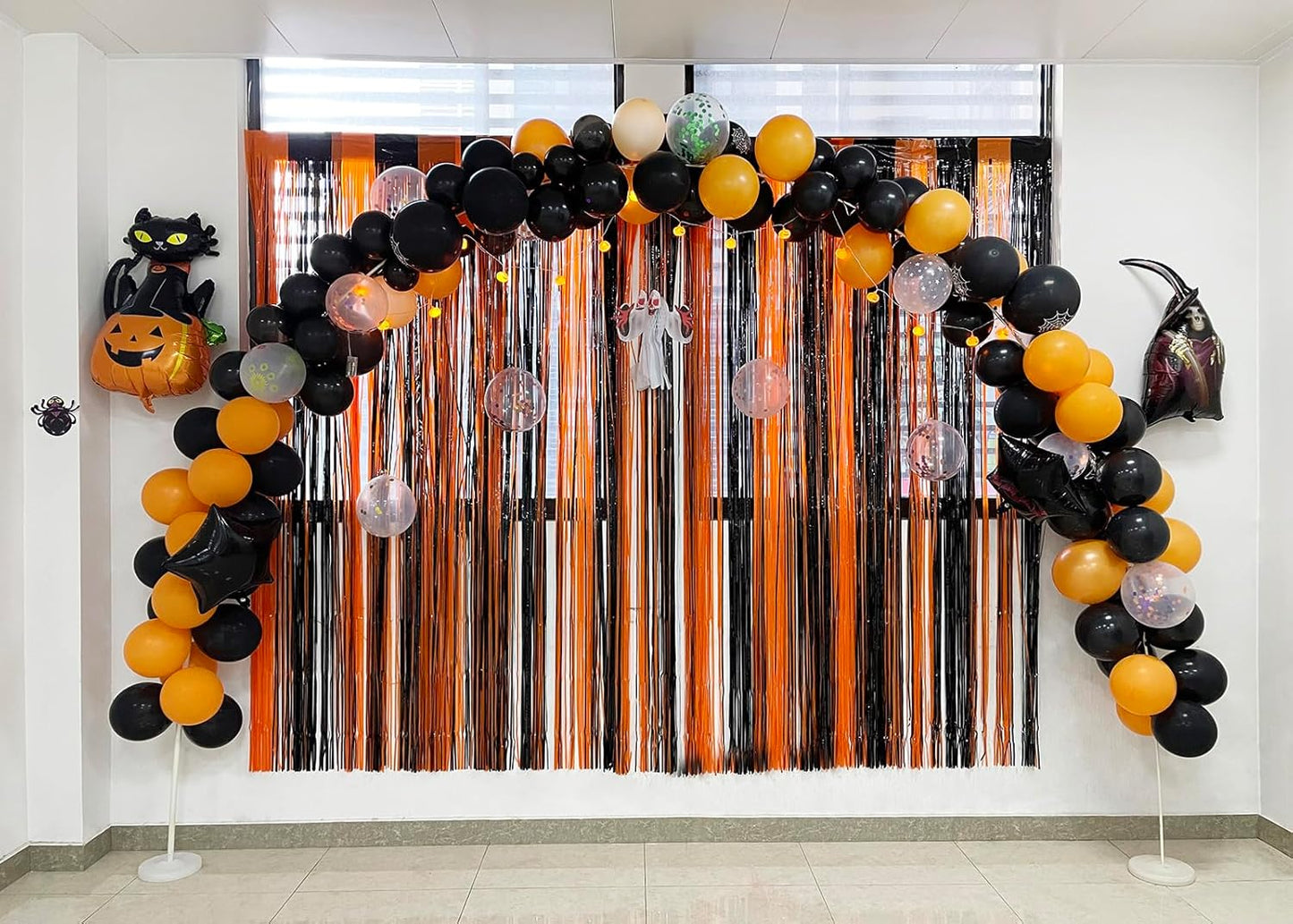 Melsan Halloween Decorations Tinsel Backdrop Foil Fringe Curtains, 3.2 ft x 8.2 ft Black Orange Metallic Foil Curtains for Halloween Party Photo Booth Props Decorations, 2 Pack