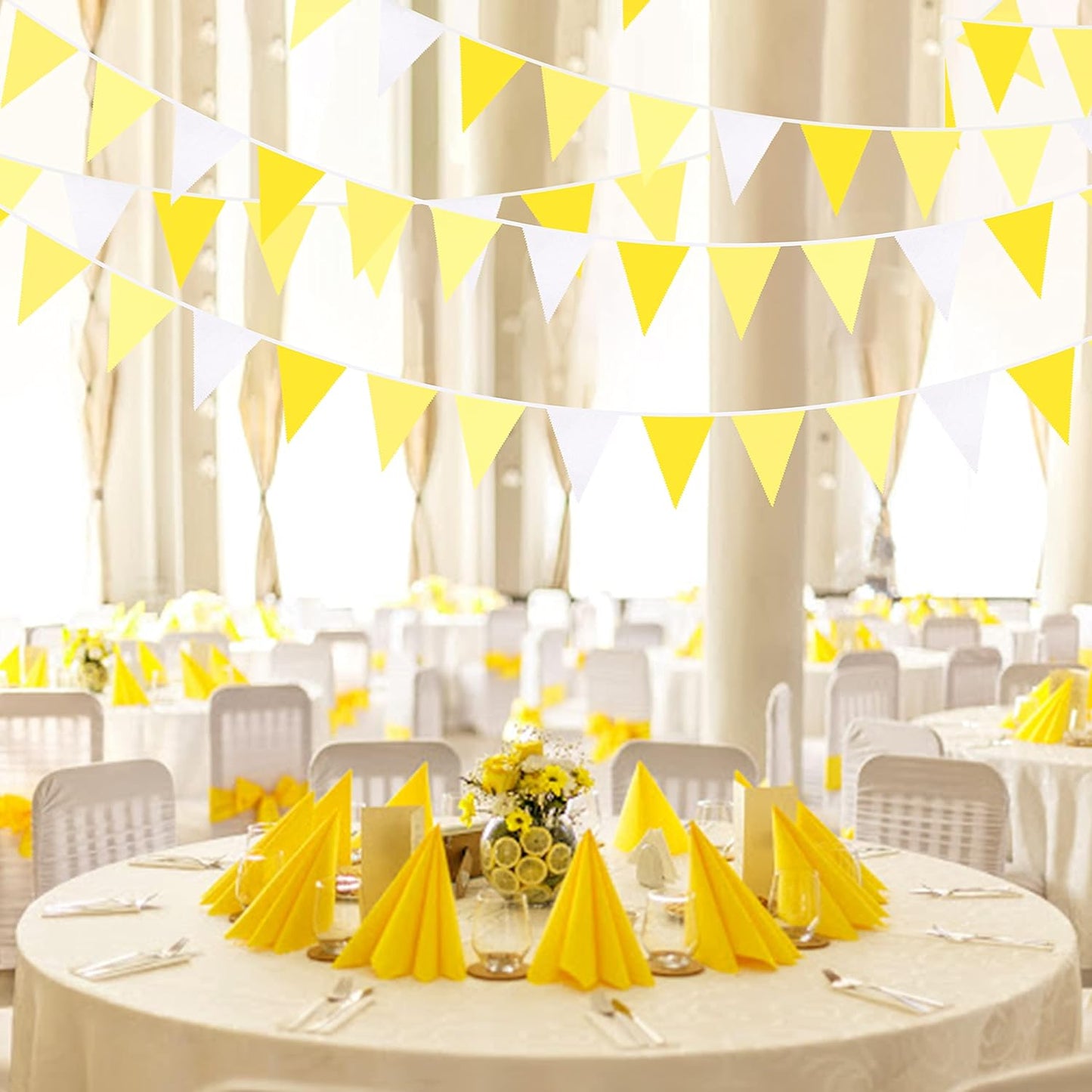32Ft Yellow Party Decorations Yellow White Pennant Banner Fabric Triangle Flag Bunting Garland for Lemon Bee Sunflower Birthday Baby Shower Anniversary Wedding Party Home Outdoor Garden Decorations