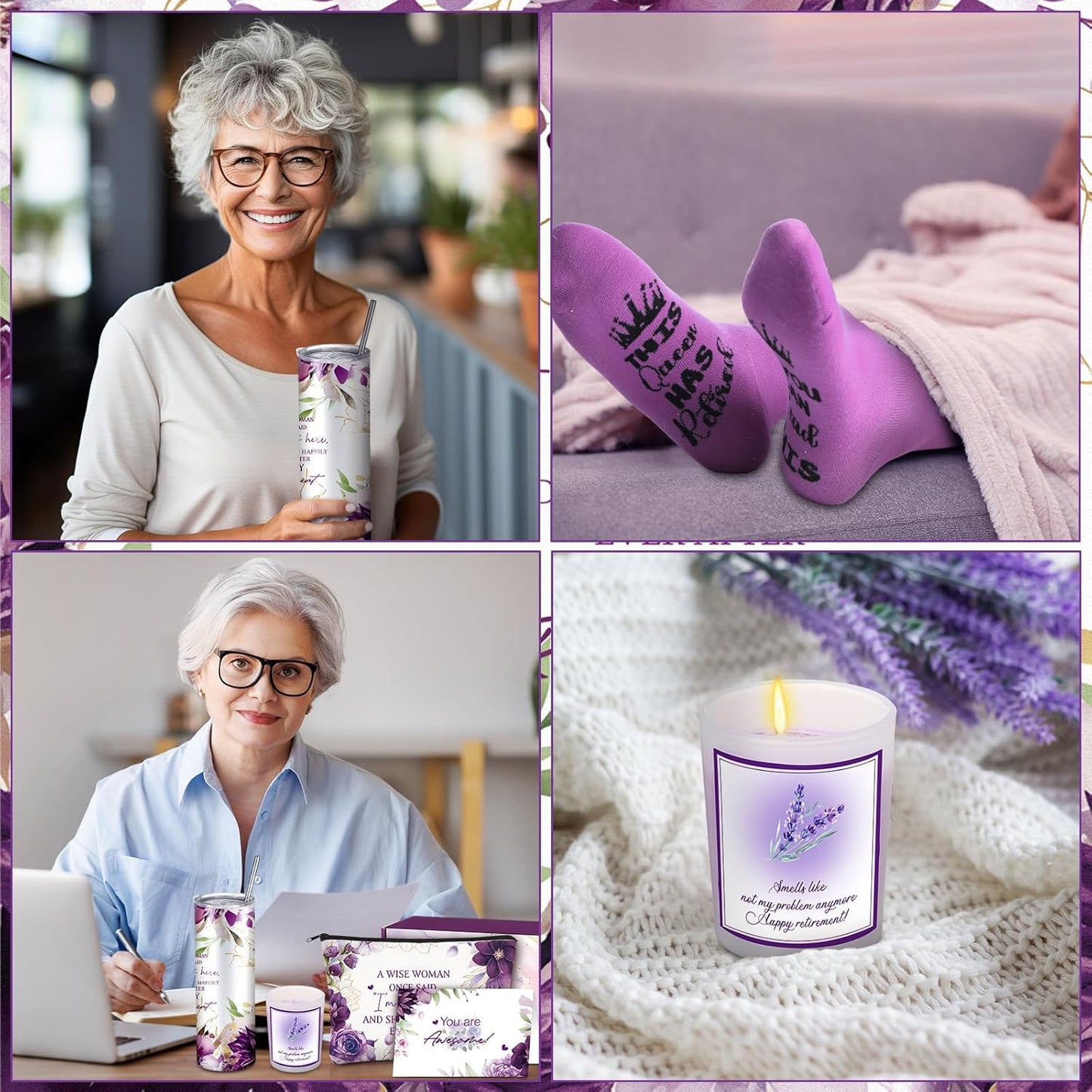Bokon 7 Pcs Retirement Gift for Women 2025, Retirement Party Decorations, Gift Box for Coworker Teacher Mom Nurse Boss Friend with 20oz Tumbler Canvas Tote Bag(Purple)