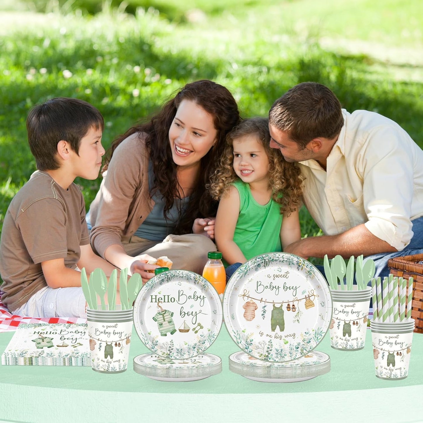 168PCS Greenery Baby Boy Party Supplies A Sweet Boy Is On His Way Party Decorations Watercolor Woodland Babyshower Plates Napkins Cups Forks Knives and Straw Tableware Set Serve 24 Guests