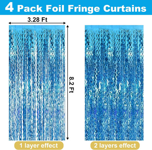 4 Pack Lake Blue Fringe Curtain Backdrop 3.2Ft x 8.2Ft Metallic Tinsel Foil Fringe Streamers Background for Photo Booth Mother's Day, Easter, Carnival, Birthday, Wedding Party Decoration