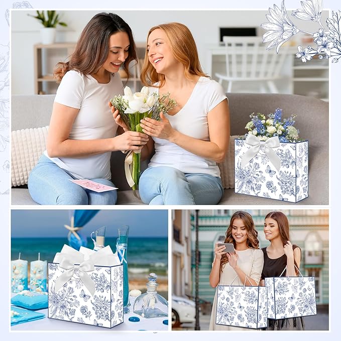 Maitys 12 Pack 13" Large Blue Floral Gift Bags Bulk with Handle, Tissue Papers, Ribbons and Greeting Cards Peony Flower Paper Bags for Wedding Bridesmaid Bridal Shower Engagement Birthday Party Favors