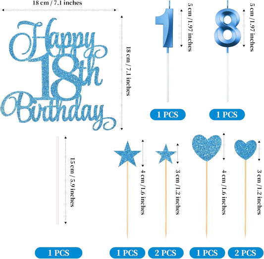 18th Birthday Cake Decorations, 18th Birthday Candles Cake Numeral Candles and Glitter Happy 18th Birthday Cake Toppers Set for Birthday Party Supplies (Blue)
