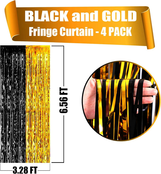 4 Pack Black Gold Foil Fringe Curtain Backdrop, 3.28Ft x 6.56Ft Metallic Tinsel Foil Fringe Streamers Curtains for Photo Booth, Wedding, Graduation, Birthday, Carnival Party Decoration