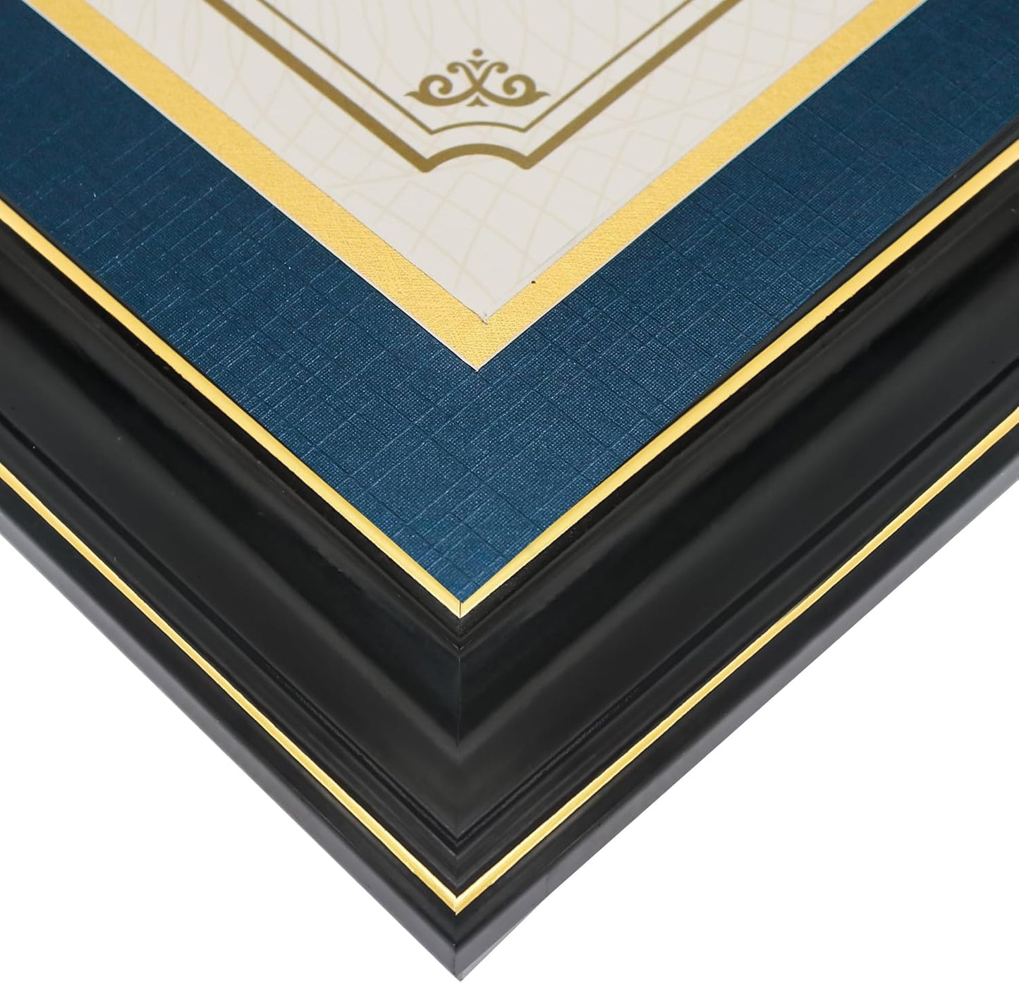 GraduationMall 11x19 Black Diploma and Photo Frame for 8.5x11 Certificate,5x7 Picture,Tempered Glass,Navy Blue over Gold Double Mat