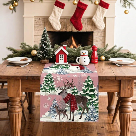 Artscope Reindeer Snowman Christmas Tree Table Runner, Xmas Winter Snowflakes Holiday Kitchen Dining Table Decoration for Christmas Home Party Decor 13x60 Inch-Pink