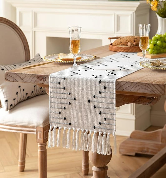 Boho Table Runner 13 x 108 Inch Long Natural Cotton Woven Runner with Tassels for Home Dining Table décor, for Modern Farmhouse Decor Coffee Table Runner, Black and Beige