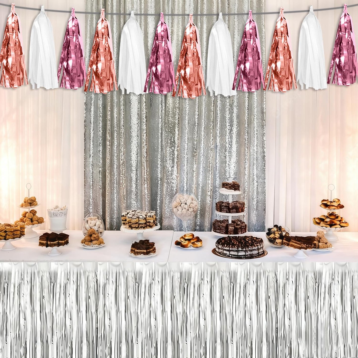 4P Rose-Gold Pink White Tassel Banner Garland Metallic Foil Fringe Banner Tinsel Tassels Streamer Banner Backdrop for Parade Floats, Graduation 2025, Wedding, Birthday, Retirement Party Decorations