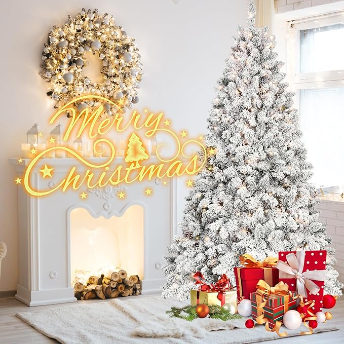 8FT Prelit Flocked Christmas Tree with 700 Lights & 1754 Branch Tips, Pre Lit Hinged Xmas Tree with Memory Wire Technology, Premium Artificial Christmas Tree with Pine Cone for Holiday Decoration