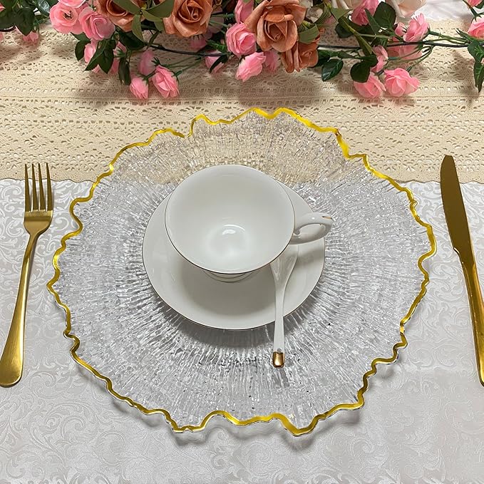 CN JIAHE 13inch Clear Acrylic Reef Gold Rim Charger Plates Set of 8 , for Dinner , Wedding , Party , Event Decoration.