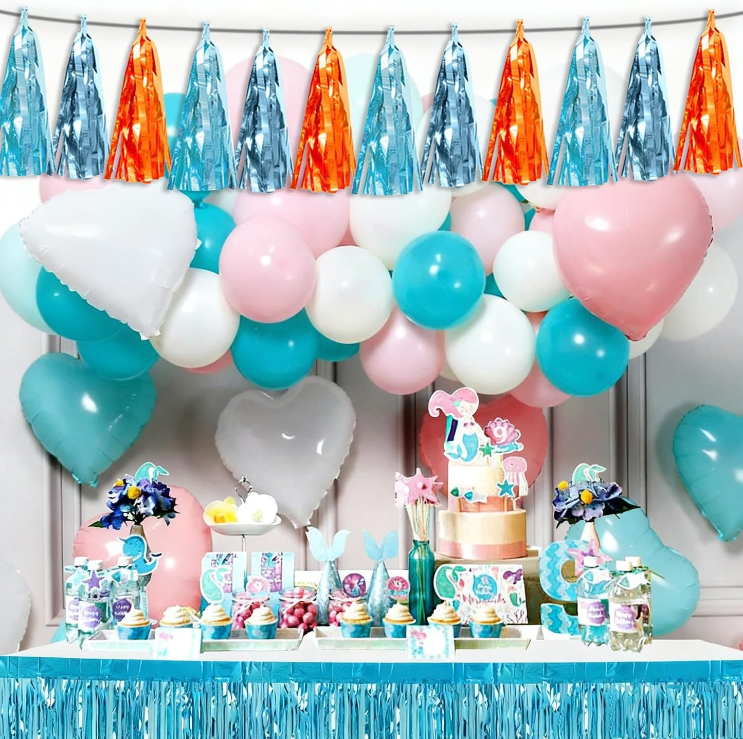 4P Lake Blue Light Blue-Orange Tassel Banner Garland Metallic Foil Fringe Banner Tinsel Tassels Streamer Banner Backdrop for Parade Floats,Graduation Decorations, Wedding Party Decoration