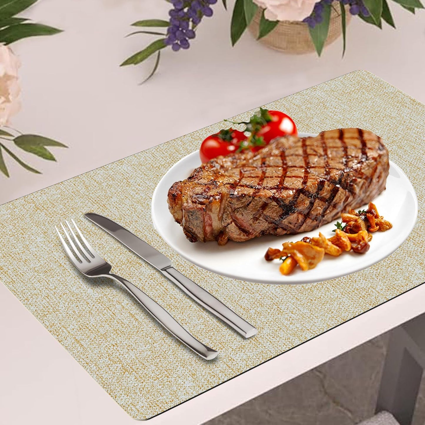 DOLOPL Placemats Set of 6, Beige Faux Leather Heat Resistant Place Mats for Dining Table, Waterproof Oilproof Wipeable Washable Table Mats, Easy to Clean Anti-Slip Tablemats for Kitchen, Party
