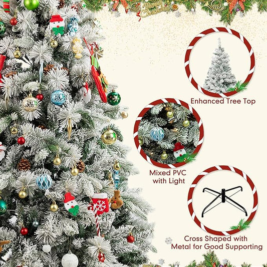 6Ft Prelit Christmas Tree,Snow Flocked Artificial Hinged Holiday Christmas Pine Tree,Xmas Tree w/400 LED Lights and 1200 Snow Flocked Branch Tips for Home,Office,Party Decoration