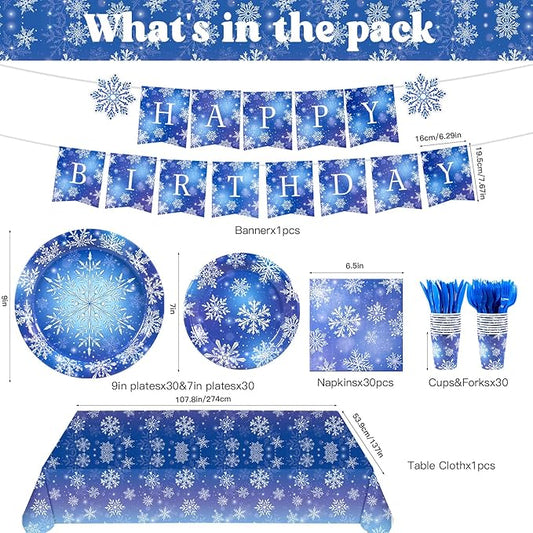 182 Pieces Frozen Birthday Party Supplies Serve 30,Blue and Purple Snowflake Winter Wonderland Disposable Tableware for Christmas Winter Holiday Decorations