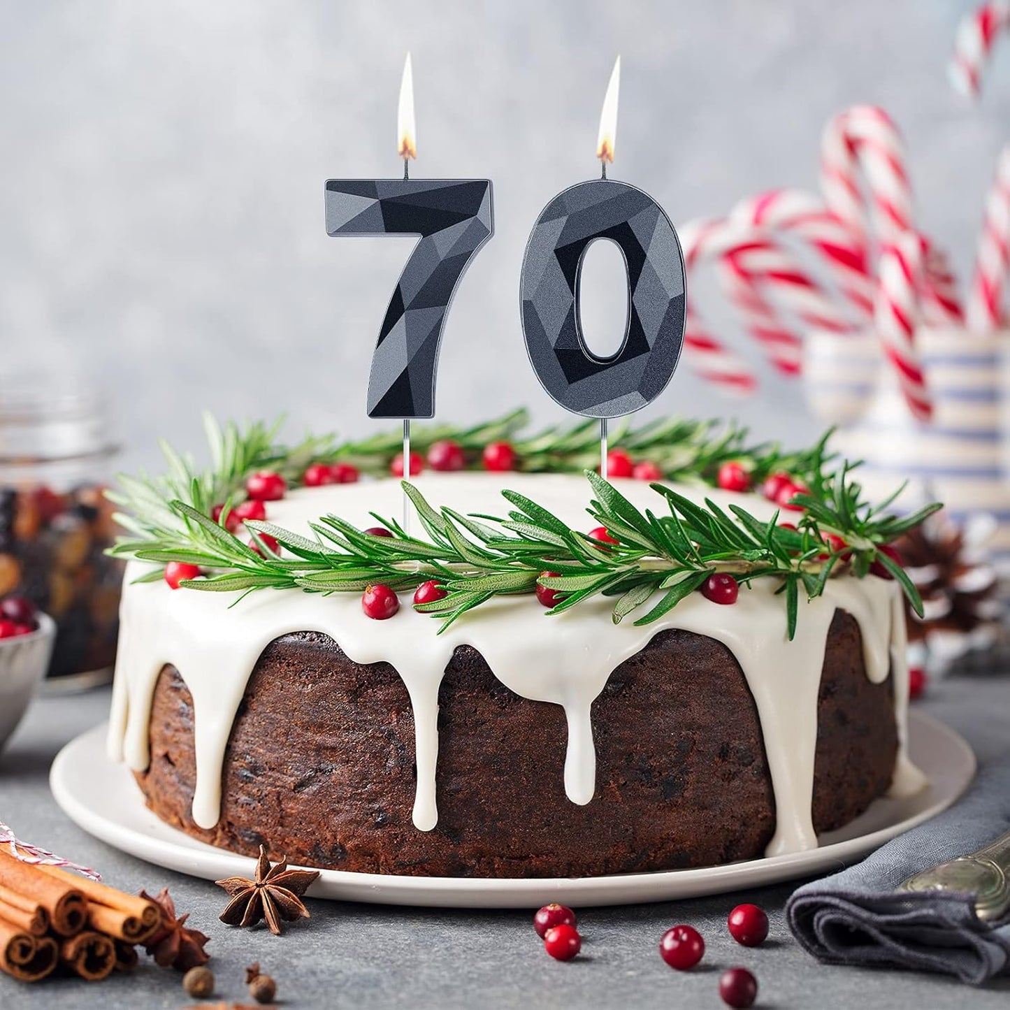 Nuanchu 70th Birthday Candles, Happy Birthday Cake Topper 3D Diamond Shape Numeral Sparkler Number Candles for Men Women Party Wedding Decoration Theme Party (Black)