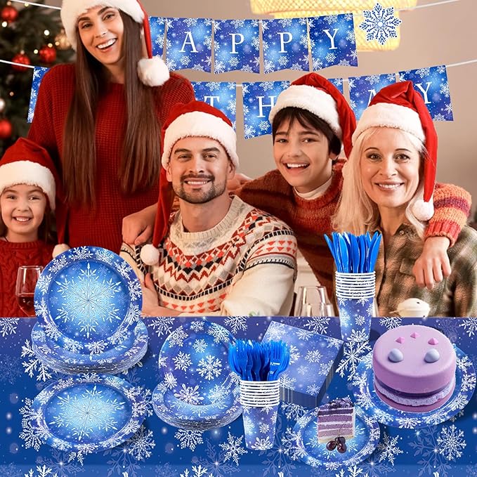 182 Pieces Frozen Birthday Party Supplies Serve 30,Blue and Purple Snowflake Winter Wonderland Disposable Tableware for Christmas Winter Holiday Decorations