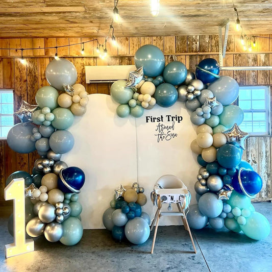 First Trip Around The Sun Balloons Arch Outer Space Astronauts Birthday Party Decorations Royal Blue Gray Beige Dusty Green White Gold Long Balloons Onyx Black Latex Helium Balloon