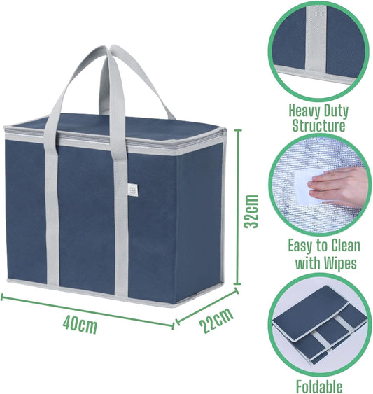 VENO 2 Pack Cooler Bag and Insulated Grocery Bags for Food Delivery, Collapsible Cooler, Reusable Shopping Bags for Groceries with Zipper, Foldable, Heavy-Duty, Stands Upright (Dark Blue, 2 Pack)