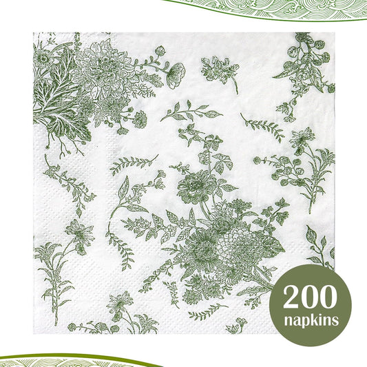 200Pack Sage Green Floral Cocktail Napkins Disposable Wedding Paper Napkin Decorative Green & White Hydrangea Flower Guest Hand Towel Fancy Dinner Napkin for Bridal Baby Shower Birthday Party Supplies