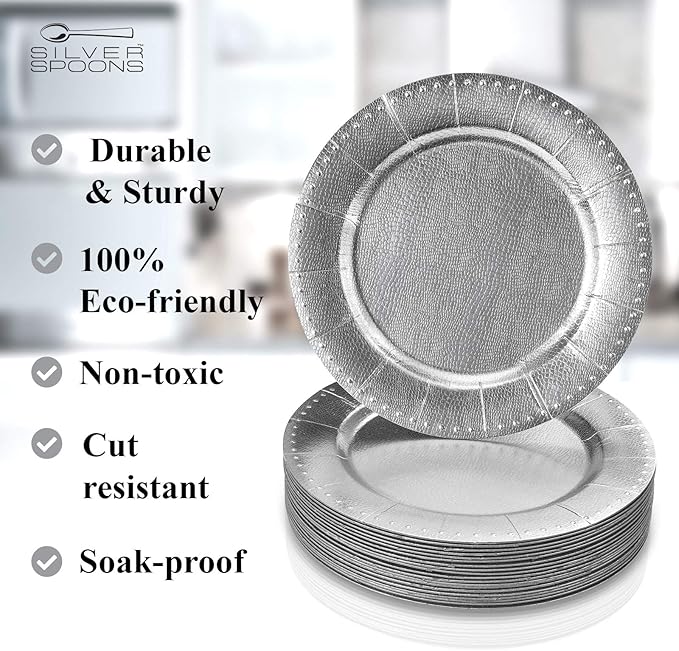 SILVER SPOONS Elegant Disposable Charger Plates For Party - (10 Piece) Heavy Duty Disposable Dinner Set 13”, Fine Dining Charger Dishes For Elegant China Look, for Celebrations & Events, Silver