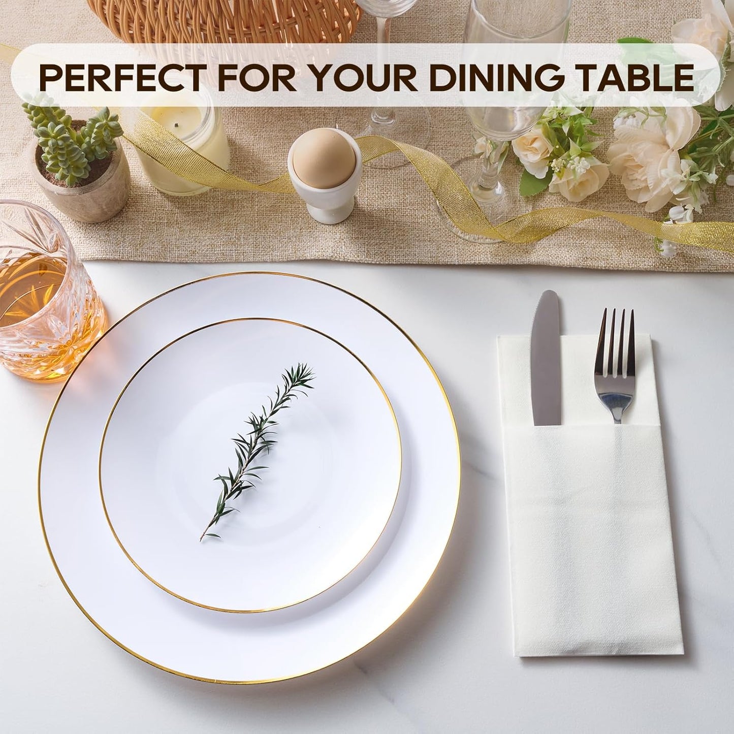 FOCUSLINE 50 Count Disposable Cloth-Like Napkins, Built-in Flatware Pocket, Prefolded Linen Feel White Napkins