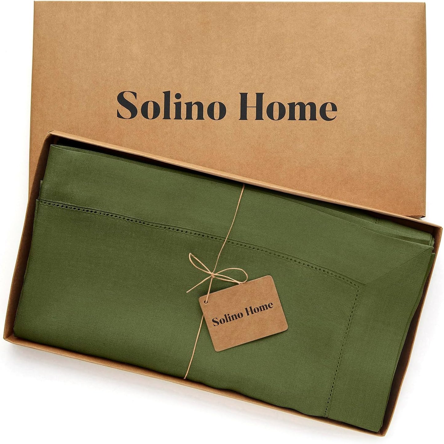 Solino Home Linen Tablecloth 52 x 52 Inch - 100% Pure Linen Olive Square Tablecloth - Classic Hemstitch, Machine Washable Table Throw for Fall, Autumn, Thanksgiving