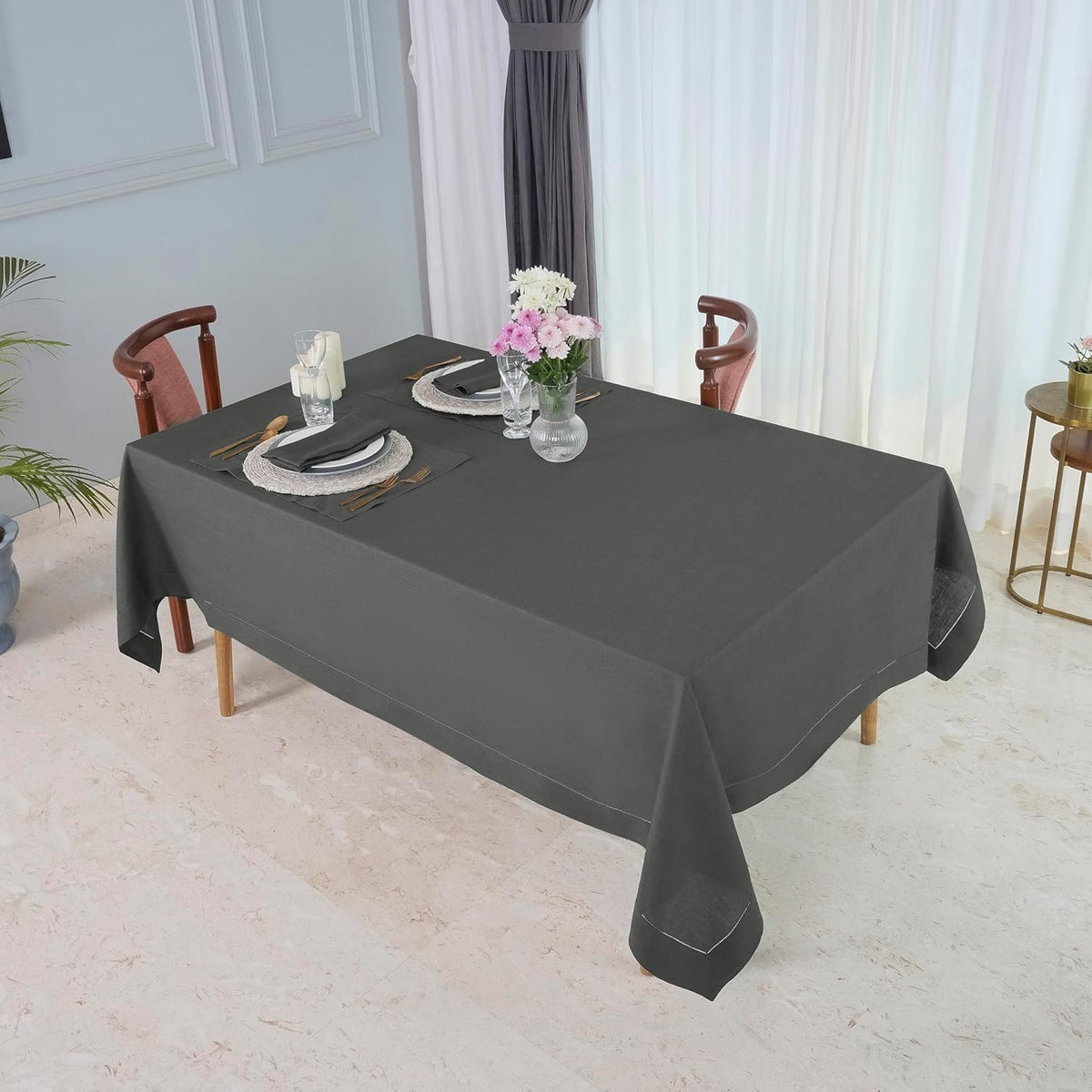D'Moksha Homes Charcoal Grey Linen Tablecloth 60 x 120 Inch - 100% Pure Linen Hemstitch Tablecloth for Rectangle Tables - Classic Hemstitch, Machine Washable Table Cloth for Fall, Autumn and Halloween