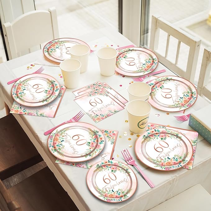 96Pcs 60th Birthday Party Supplies 60 Fabulous Paper Plates Napkins 60 Years Party Decorations Rose Gold Birthday Dinnerware Party Favor Women 60th Birthday Tableware Serves 24