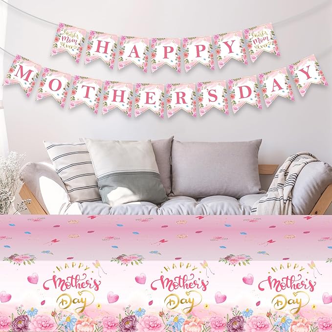 Happy Mothers Day Banner - Pink Mother's Day Decorations Banners, 2026 Best Mom Ever Sign Bunting Banner Garland for Mothers Days Home, Office, Fireplace, Wall Party Decor Supplies Favors Props