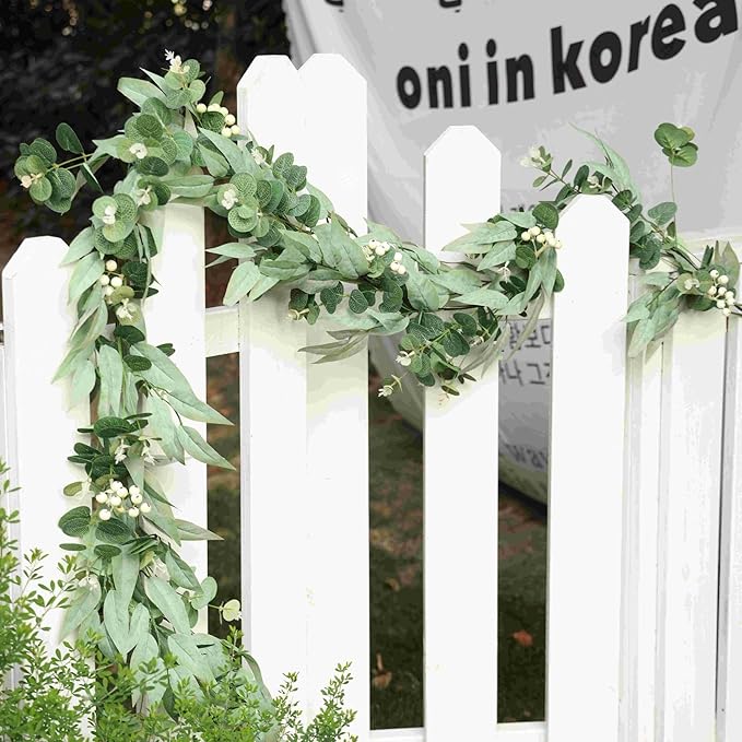6Ft Artificial Eucalyptus Garland with Little White Berries, Real Touch Faux Eucalyptus Decor Vine for Table, Bedroom, Mantelpiece, Outdoor, Wedding Decorations (Foggy Green)