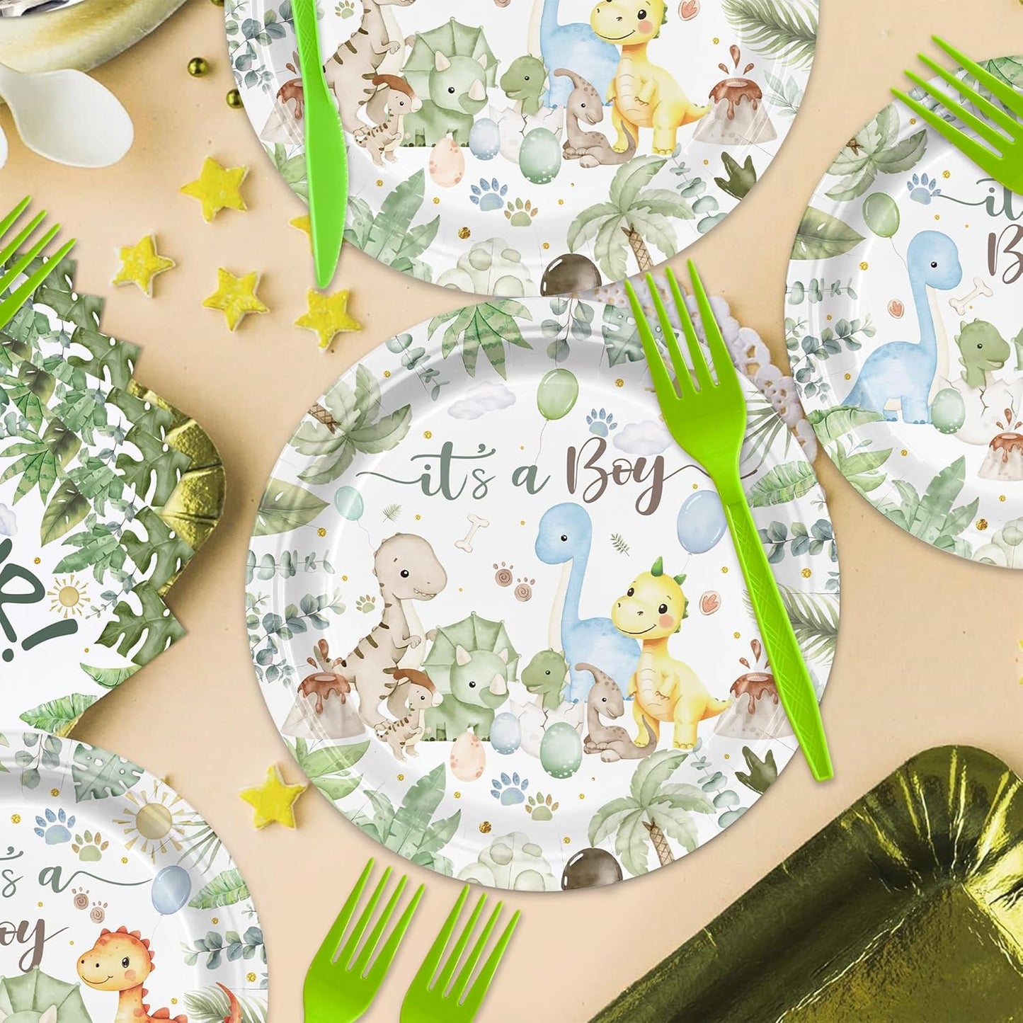 168PCS Watercolor Dinosaur Party Supllies for Kids Cartoon Dino Birthday Party Decorations Plates Cups Napkins Cups Forks Knives and Straws Tableware Set for 24 Guests