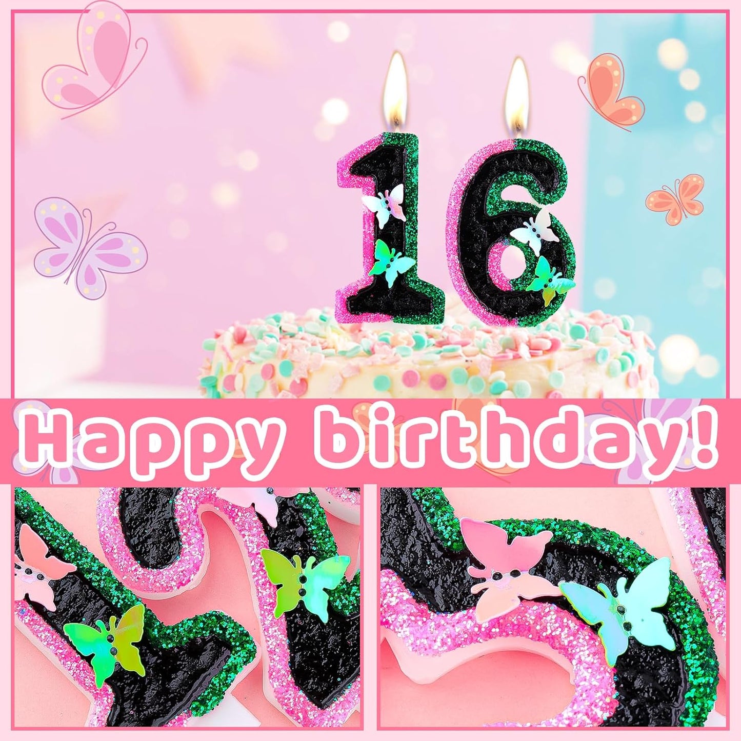 Birthday Number 7 Candles Pink Black and Green Butterfly Birthday Candles for Glitter Cake Topper with Sequins Decorations Girls Women Witch Theme Anniversary Celebrations Supplies