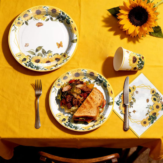 Sunflower Paper Plates and Napkins Cups Thanksgiving Disposable Tableware Set Floral Fall Party Plates for 100pcs 25 Guest Baby Shower Tea Kids Birthday Party Supplies Decoration