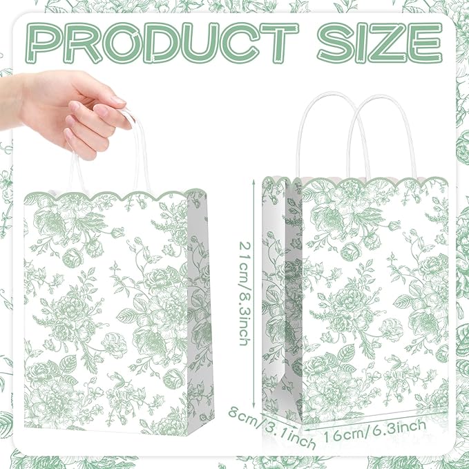 Kolldenn 24 Pcs Sage Green Floral Gift Bags with Handles Wildflower Party Favor Candy Treat Goodie Bags Scalloped for Birthday Decoration for Bridal Baby Shower Party Supplies