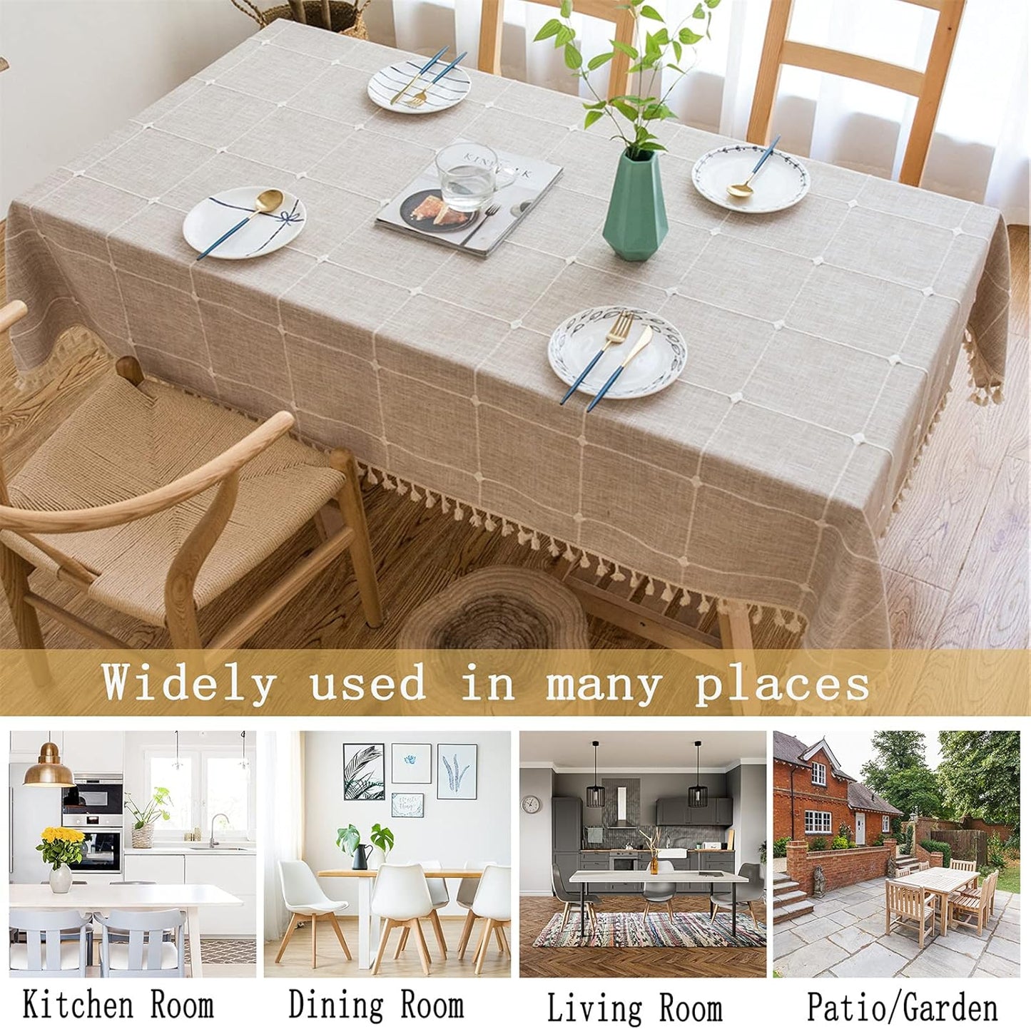 Cotton Linen Tablecloth, Tassel Stitching Table Cloth, Wrinkle Free Farmhouse Table Cover for Kitchen Dining, Party, Holiday (Rectangle, 55''x102'', 8-10 Seats, Plaid Beige)