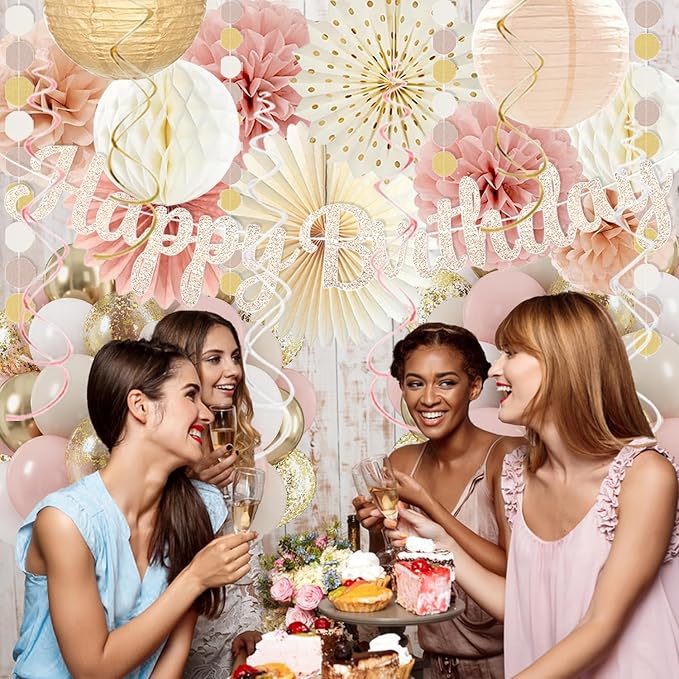 Boho-Pink Birthday Decorations, Happy Banner, Women Paper Lanterns Honeycomb, One Sweet Peach Streamers Garland, Retro Blush Pink Beige Metallic Gold Balloon for Birthdays Party Décor