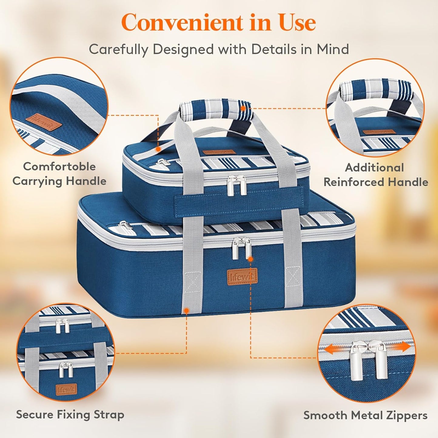 Lifewit Duo Insulated Casserole Carrier for Hot or Cold Food, Lasagna Holder 2 Compartments, Thermal Lunch Tote for Potluck Parties Cookouts, Fits 9"x13" Casserole Dish, Blue