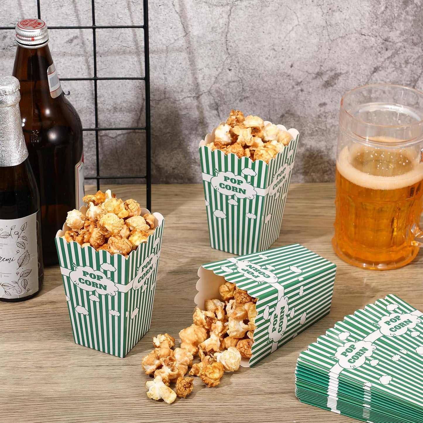 50 Pcs mini stripe popcorn boxes Buckets and Container for Home for Graduation Carnival Summer Birthday Party Supplies(Green)