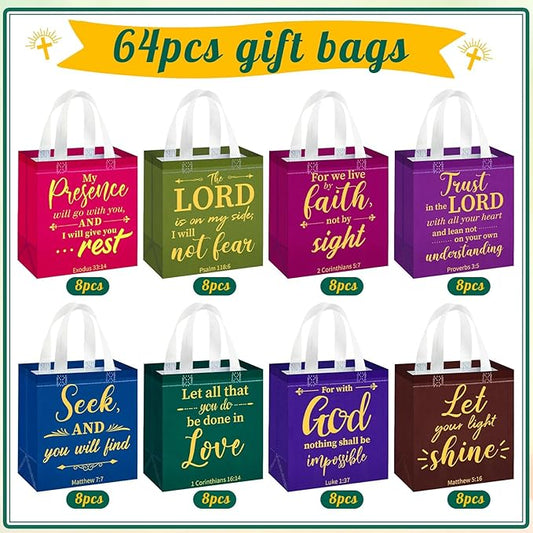 HunnmingRe 64 Pcs Christian Gift Bags Bulk, Easter Reusable Religious Bible Verse Tote with Handles Non Woven Scripture Pastor Blessing Gift for Baptism Church Wedding Favors