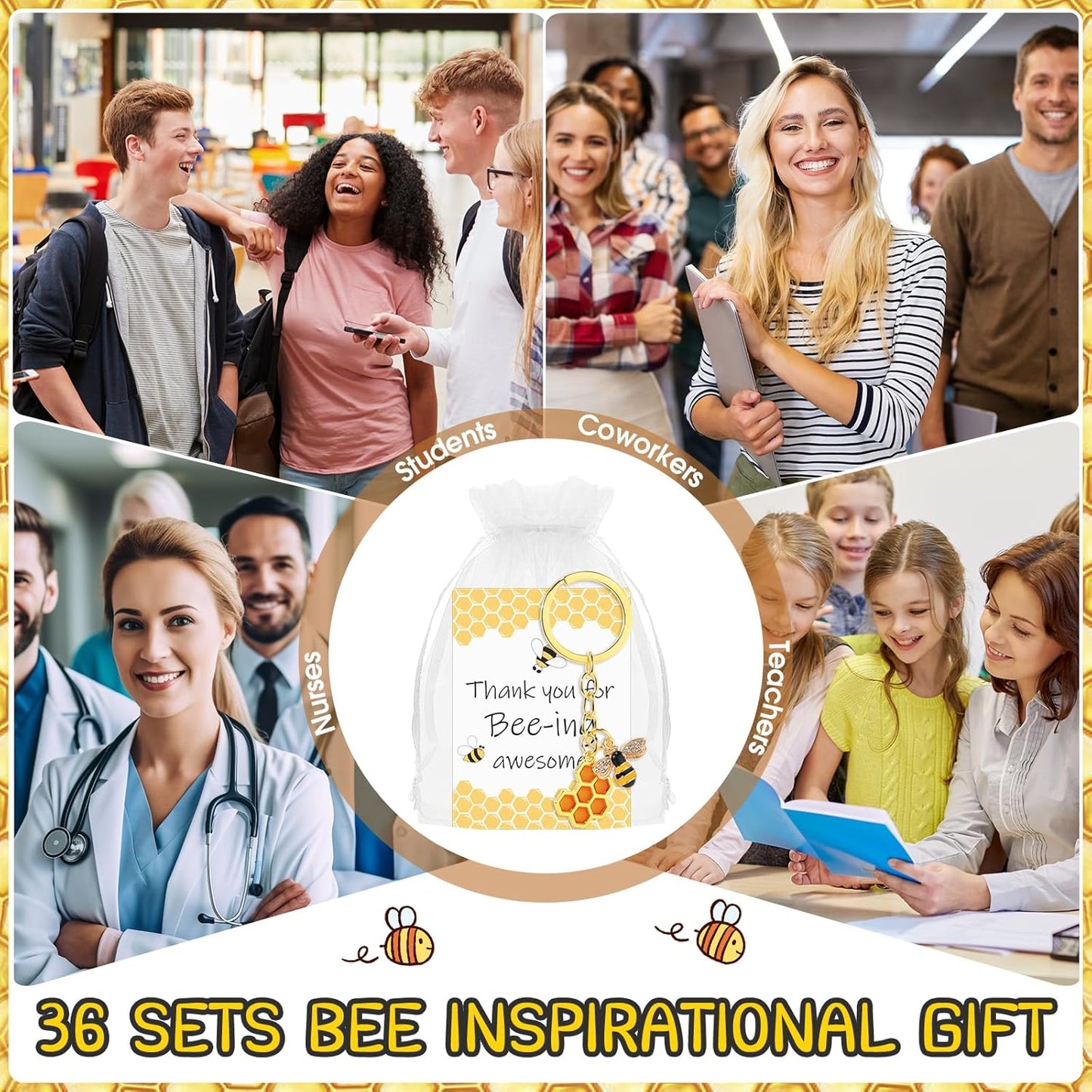 Landical Bee Employee Appreciation Gift Inspirational Bee Keychains Thank You Cards Organza Bag Cute Gifts for Coworker