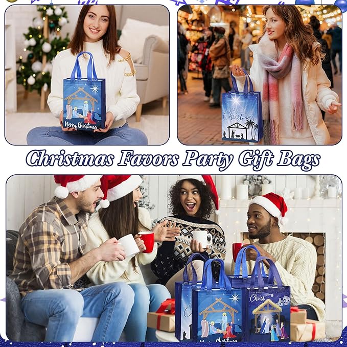 Wesnoy 24 Pcs Christmas Nativity Bags Bulk 10 x 8 x 4 Inch Christmas Jesus Non Woven Gift Bags with Handles Holy Night Religious Decoration Gift Packaging Reusable Christian Supplies for Xmas