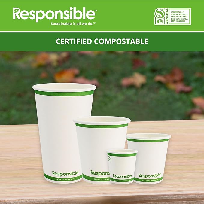 Responsible Products 10 oz Paper Hot Cups, Tree-Less™ Compostable Paper Coffee Cups, Extra Strength, Tree-Free and Made Without PFAS, White (1000 Count)